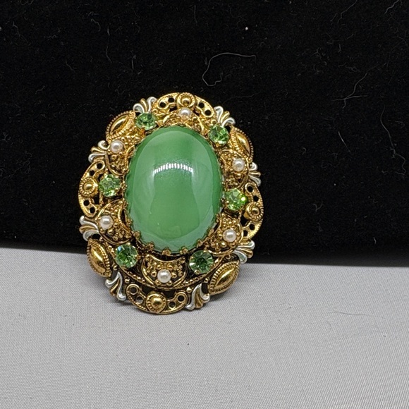 Jewelry - Ornate Green and Gold Brooch with Pearl Accents